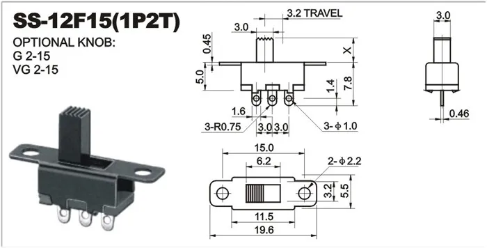 10 шт. SS12F15 SS12F15VG4 тумблер 3PIN 1P2T слайд-переключатель ручка высокая 4 мм