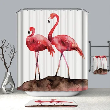 

Nordic Simple Polyester Fabric Shower Curtain Cartoon Red Flamingo Pattern Thicken Waterproof Bath Curtain for Bathroom 180*200