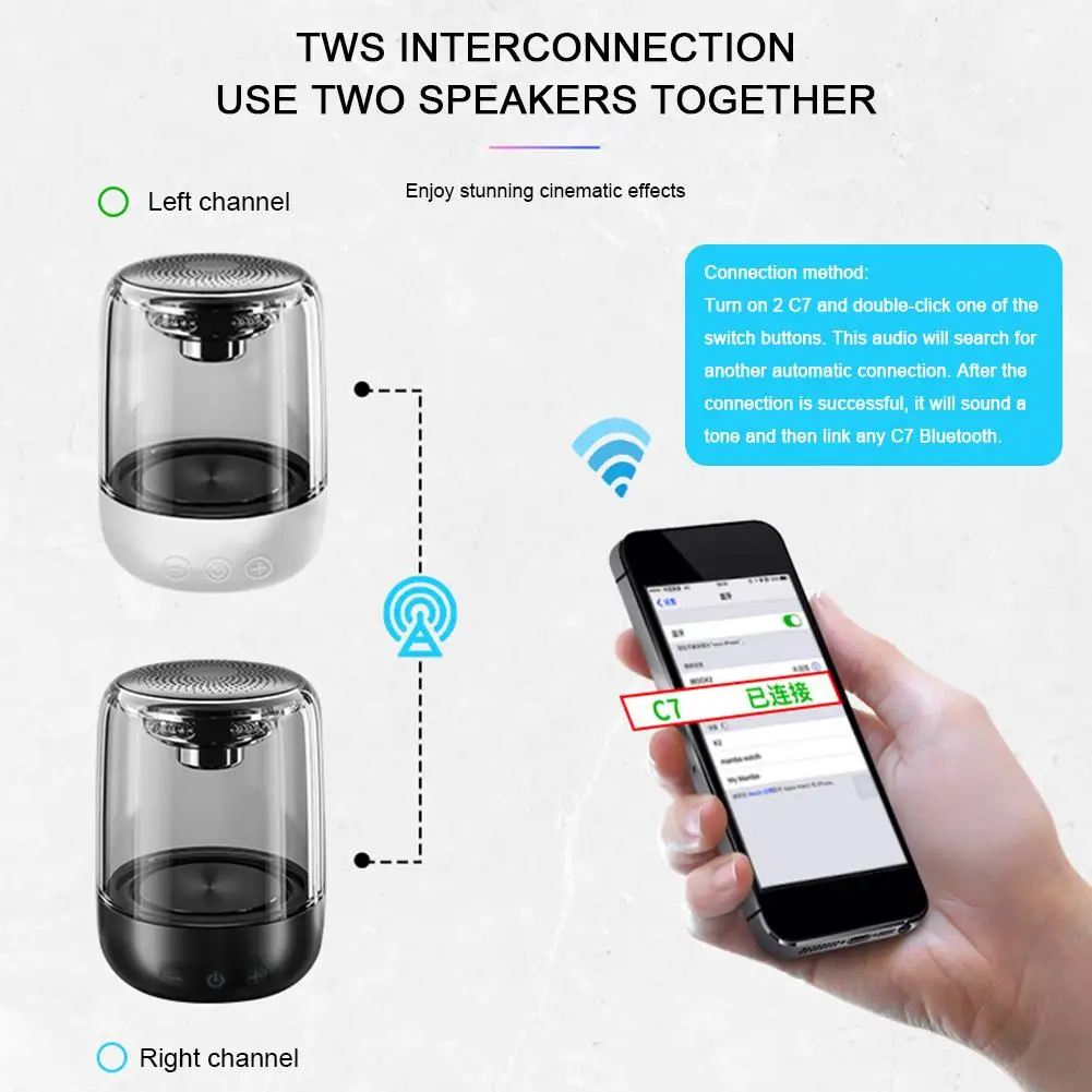 C7 Bluetooth 5,0 Bluetooth Usb радио динамик прозрачный светодиодный светящийся сабвуфер TWS 6D объемный HIFI стерео крутой аудио