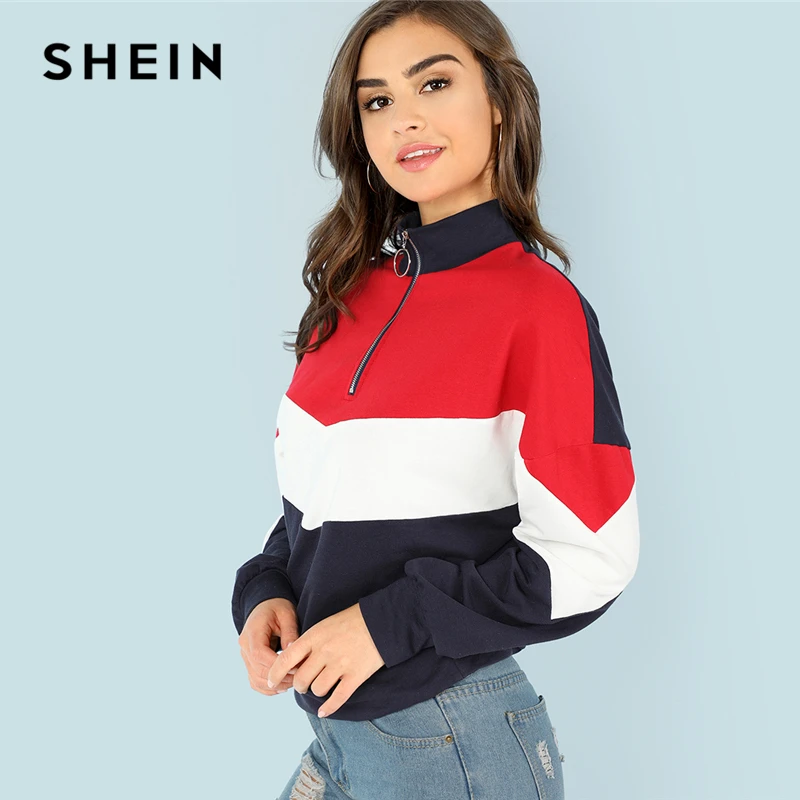  SHEIN Multicolor Minimalist O-Ring Zip Front Cut And Sew Stand Neck Raglan Sleeve Sweatshirt Autumn