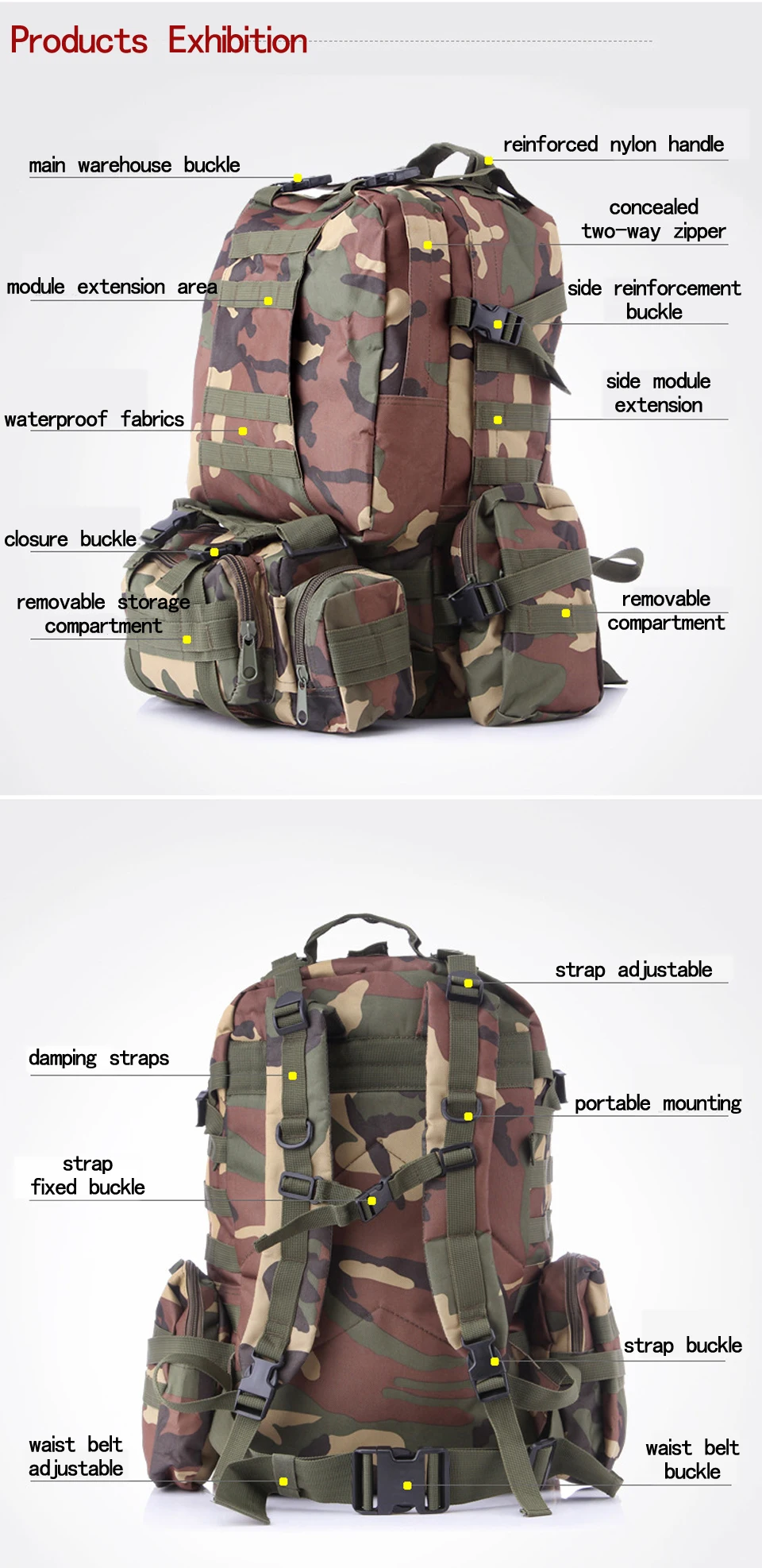 55L Multifunction Sport Bag Molle Tactical Bag Water Resistant Camouflage Backpack for Outdoor Climbing Hiking Camping