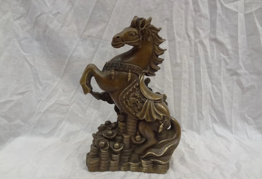 

S5025 10" Chinese Bronze FengShui Wealth YuanBao Dragon Horse On Coin Pine Tree Statue D0317