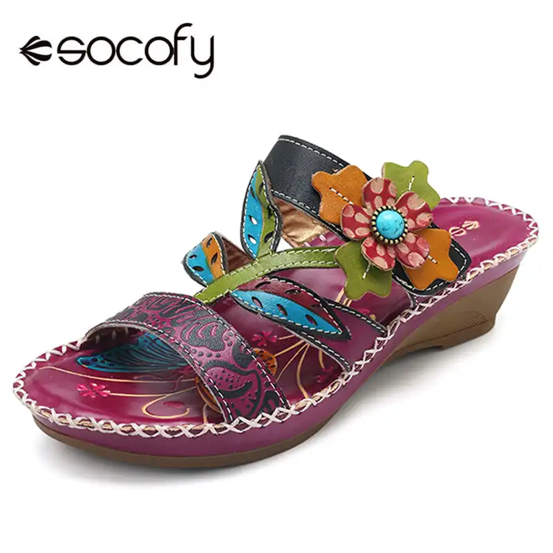 SOCOFY Women Casual Shoes Summer Slipper Handmade Genuine Leather Retro