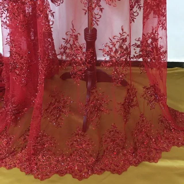 Beaded lace fabric red high quality new arrival bride wedding dress