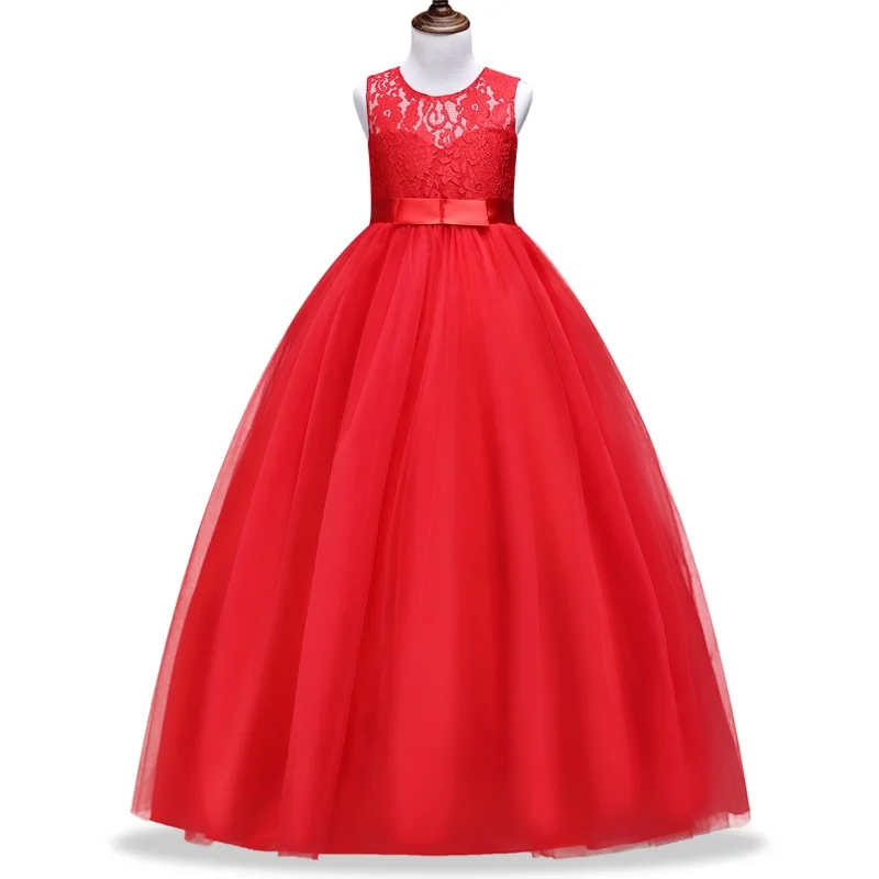 Кружевные платья для девочек от 4 до 14 лет одежда на год длинное платье принцессы без рукавов на день рождения, свадьбу, вечеринку Рождественский Костюм - Цвет: red