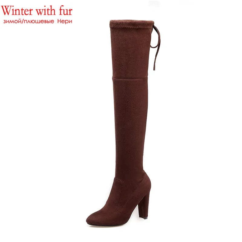 brown with fur MORAZORA/ г. Ботфорты размера плюс 34-46 женские осенние Стрейчевые сапоги с острым носком пикантные женские вечерние туфли на высоком каблуке - Цвет: brown with fur