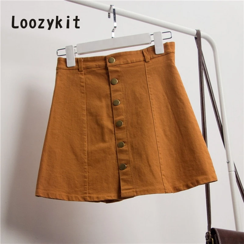 

LOOZYKIT Summer Women A- Jeans Skirt Button High Waist Denim Vintage Skirts Female Casual Slim Korean Skirt Girls Fashion