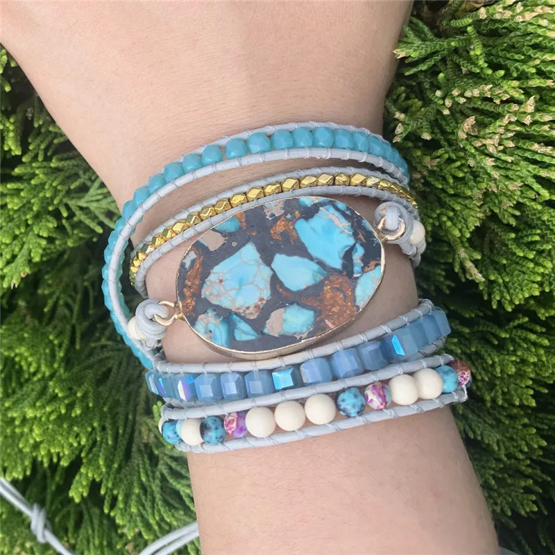 

5 Layers Natural stone Leather Bracelet Exquisite Mix Stones Women Fashion Wrap Bracelet Boho Bracelet Jewelry Dropshipping