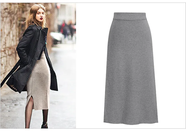 Зимняя трикотажная облегающая юбка-карандаш размера плюс M-6XL, юбки с высокой талией, женская уличная длинная юбка с разрезом, Женская юбка Faldas Mujer