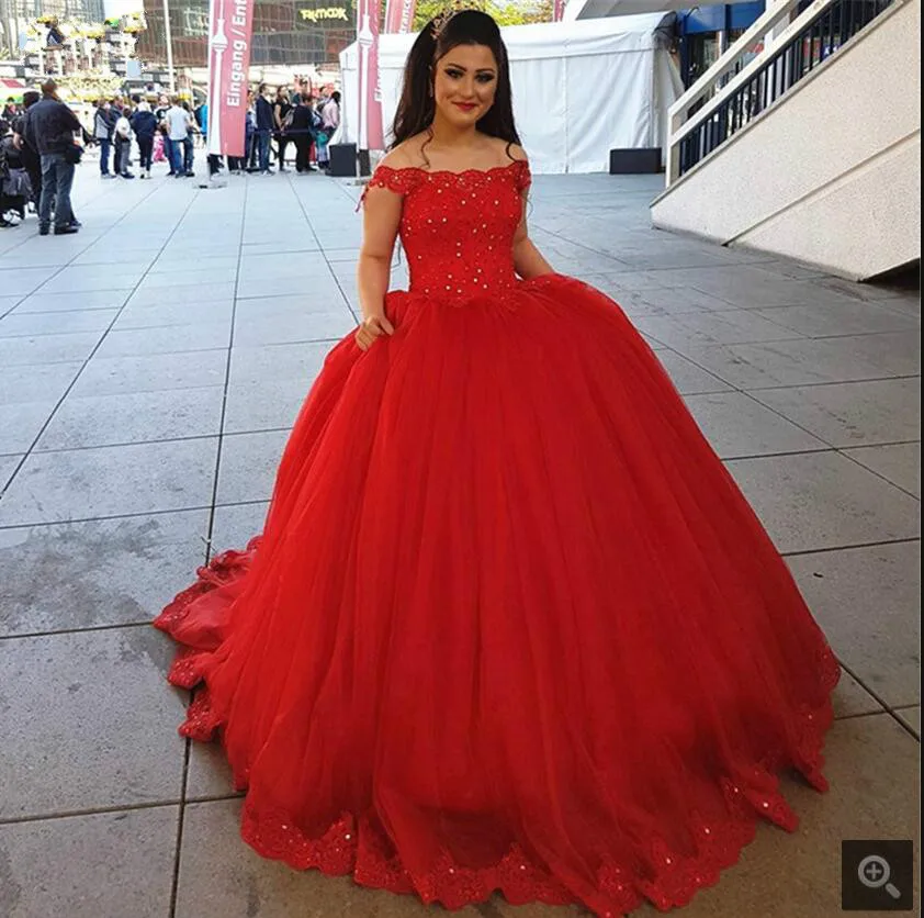 

Elegant Robe De Soiree red ball gown off the shoulder wedding dress sexy lace appliques beaded princess stylish wedding gowns