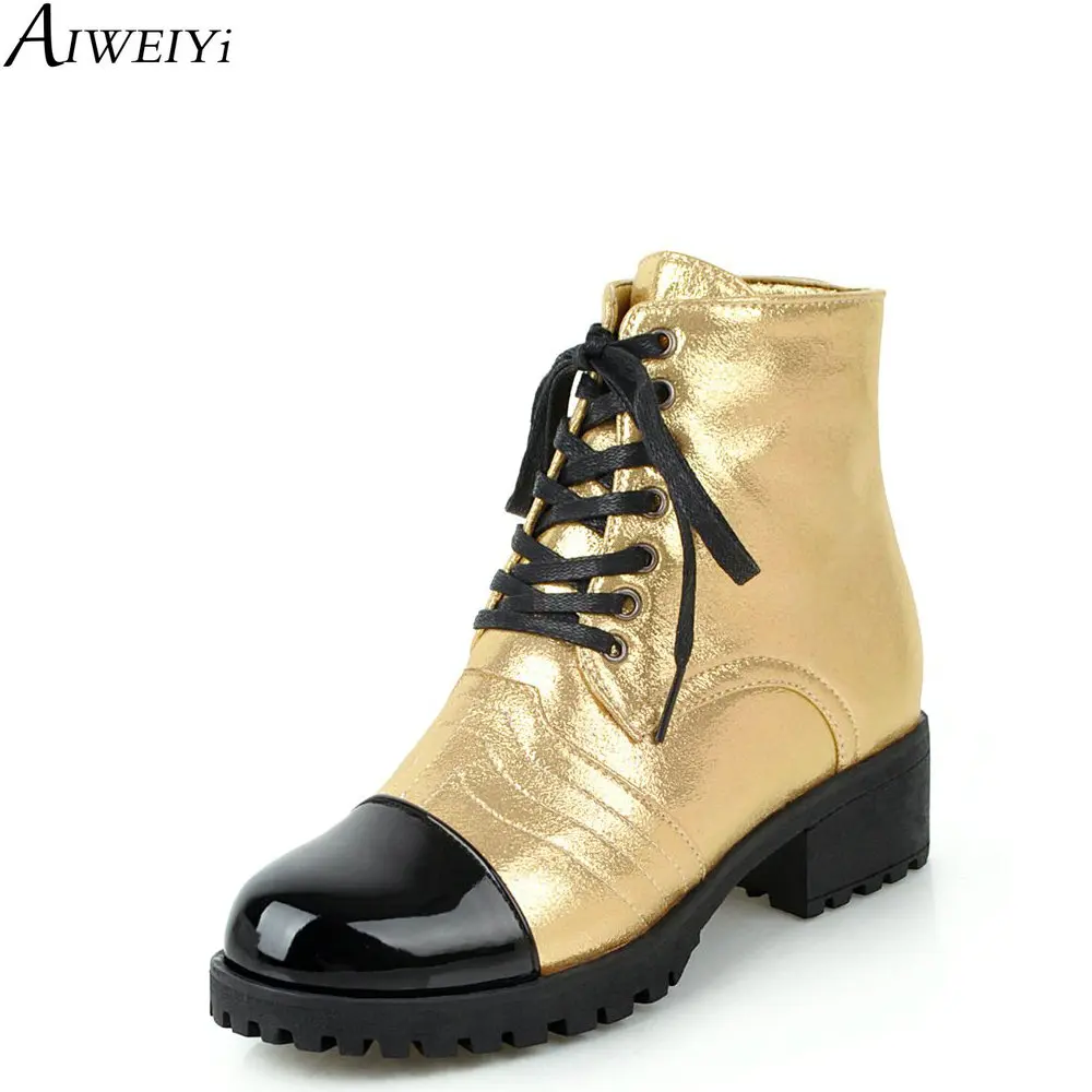 

AIWEIYi Lace Up High Heels Ankle Boots for Women Gold Silver Med Heel High Heels Shoes Fur Warm Winter Boots Motorcycle Boots