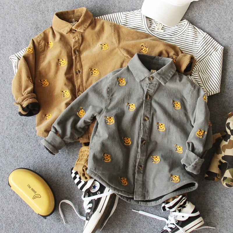 

new 2018 autumn winter fashion style boys cartoon thick warm fleece inside shirt 1pc kids winter shirt boys warm shirt