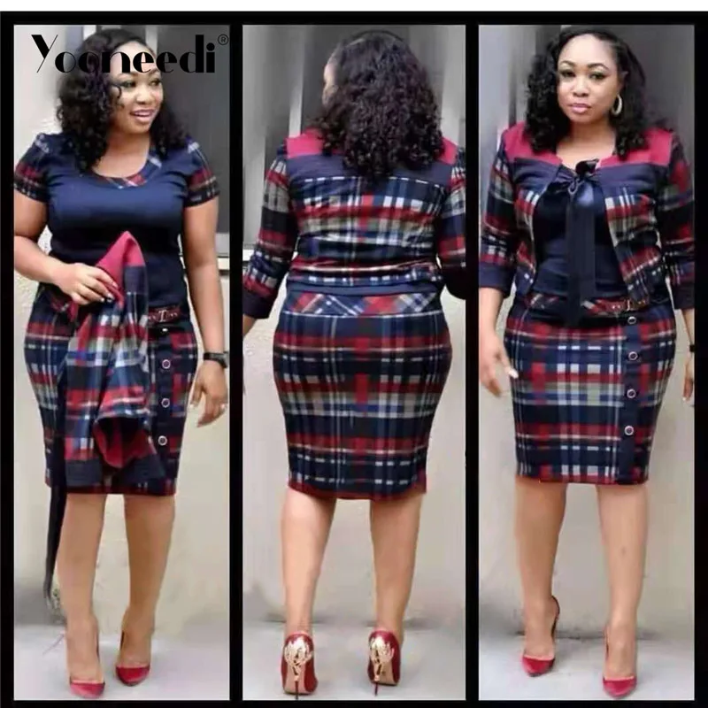 

Yooneedi 2019 Spring New Arrilval 2 piece Plus Size Women Set Plaid Lace Up Blazers With Midi Dress Ladies Suits XL-8812