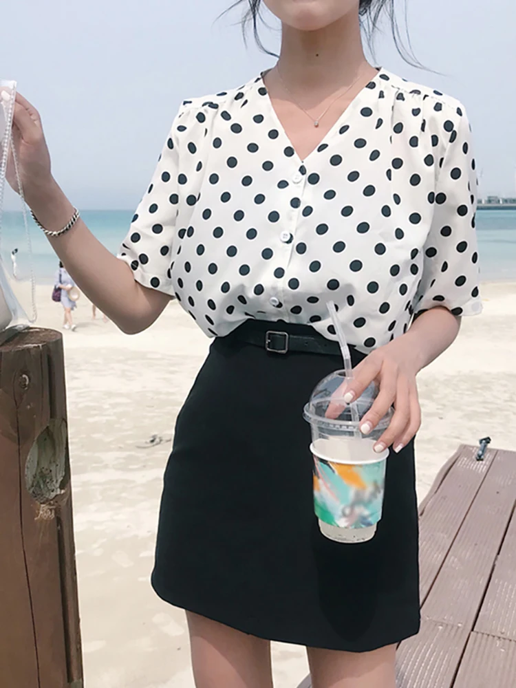 

Summer Polka Dot Blouse Elegant Lady Fashion V-neck Top Women Chiffon Blouses OL