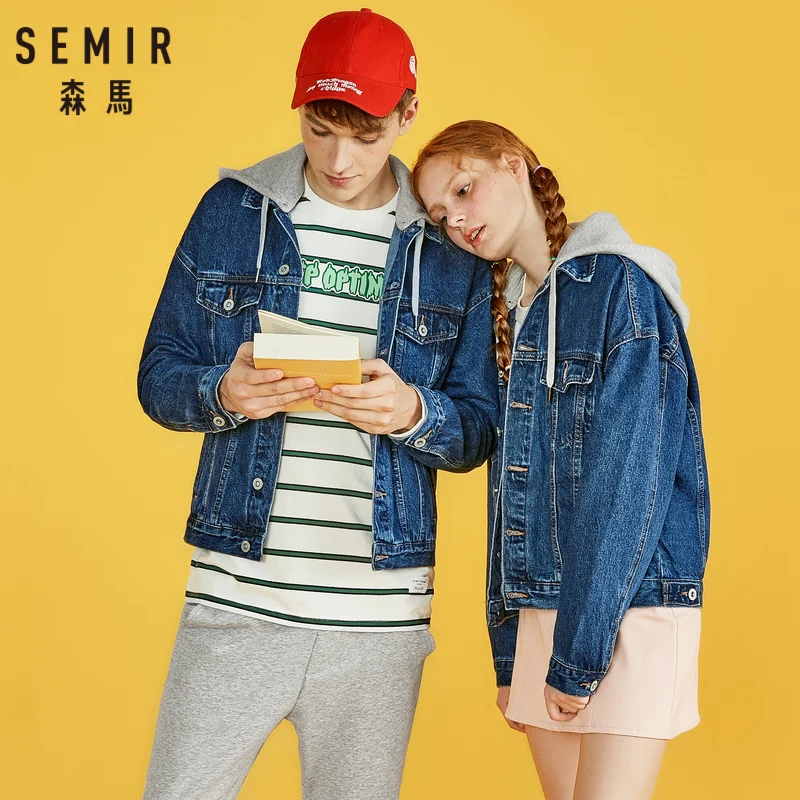 SEMIR Women Hooded Oversized Denim Jacket with Destruction Women's Boyfriend Denim Jacket with Chest Pocket and Slant Pocket