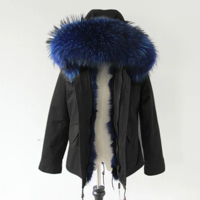 Зимняя женская куртка, армейская зеленая парка, пальто, настоящий большой воротник из меха енота, подкладка из лисьего меха, верхняя одежда с капюшоном, DHL EMS - Цвет: black blue fox fur