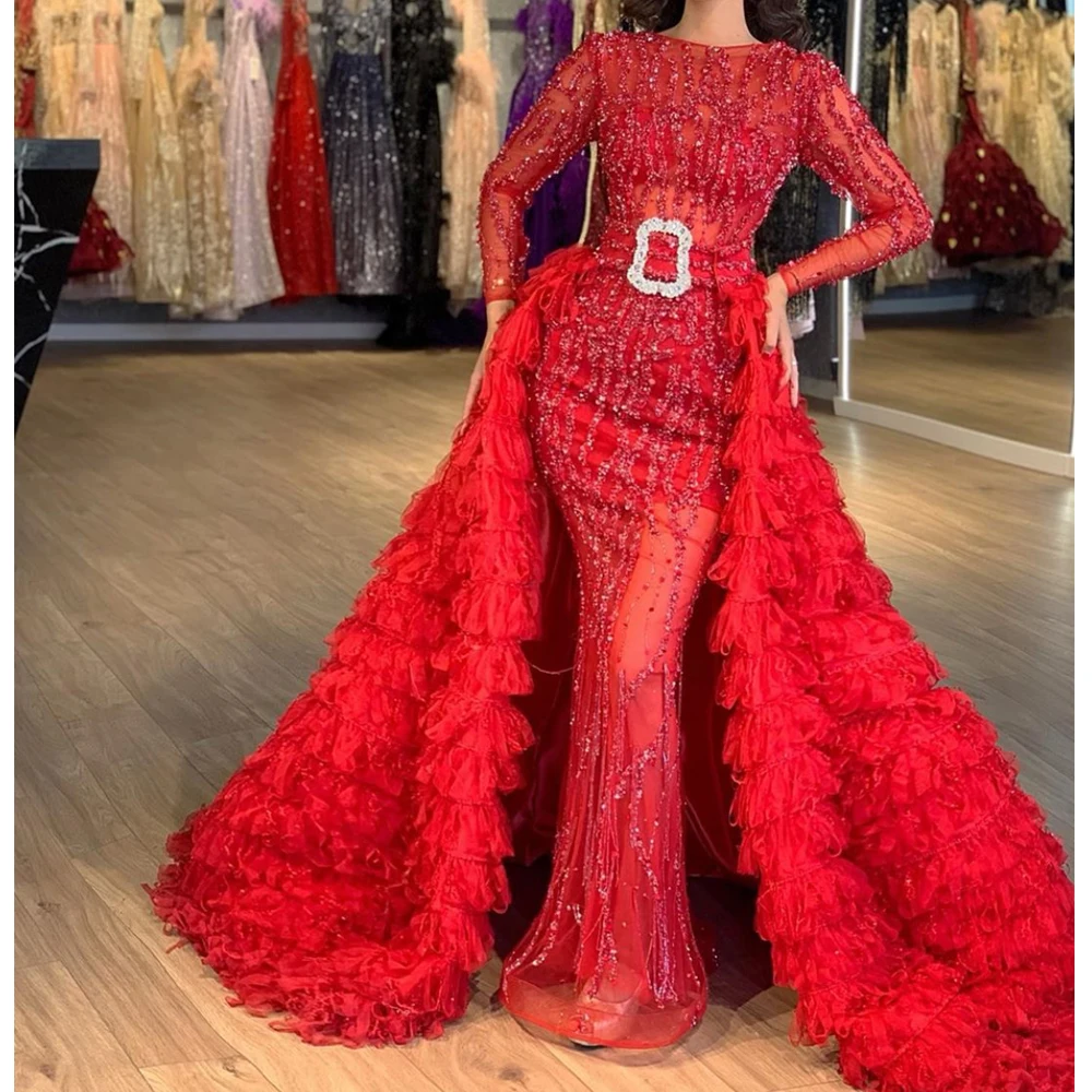 

red prom dresses 2019 crew neckline lace sequins beading mermaid detachable train floor length evening dresses gowns