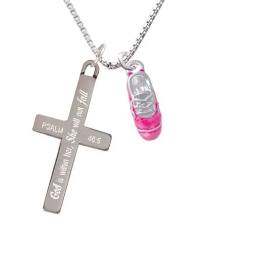 3-D Hot Pink Running Shoe - She will not Fall - Cross Necklace (1)