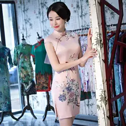 Новое поступление китайский Для женщин Silk район Qipao классический цветок Cheongsam сексуальное мини-платье летняя одежда размеры S M L XL XXL, XXXL