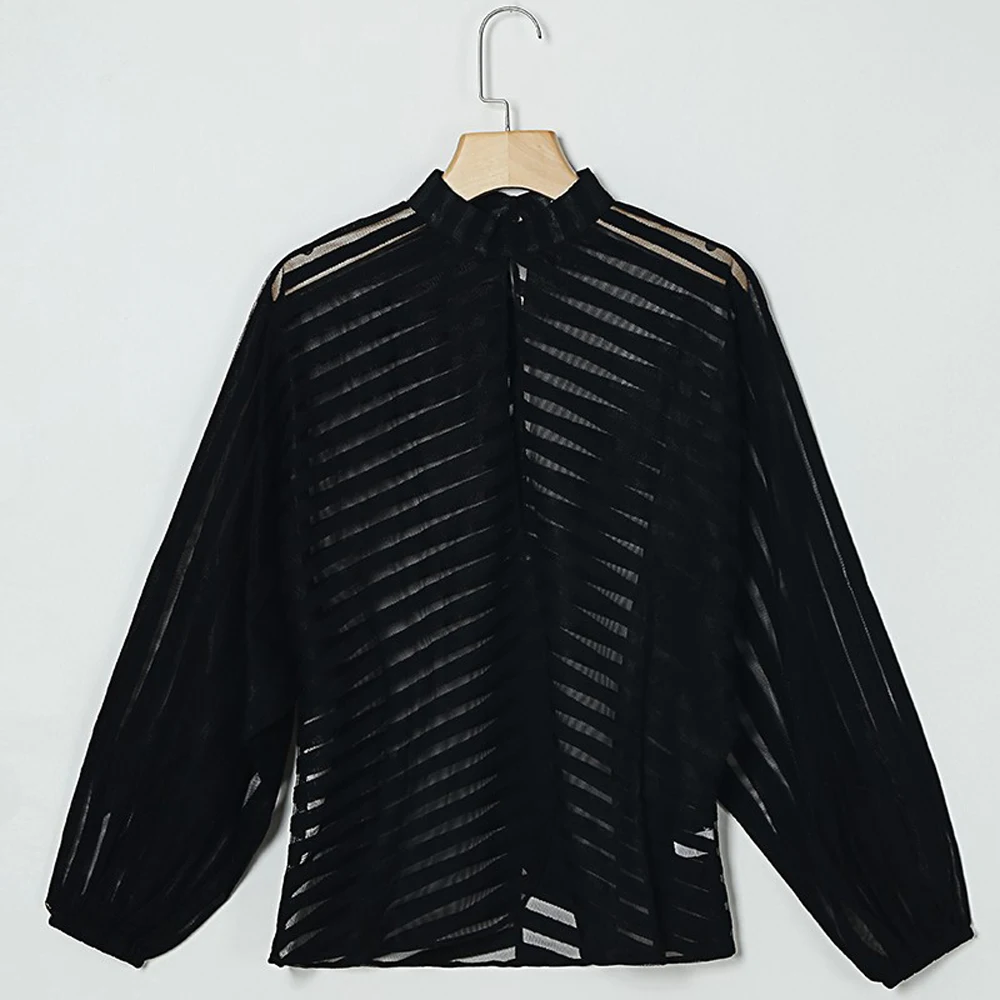 Sexy Women Mesh Sheer Shirts Long Lantern Sleeve See-through Loose Blouse Shirts Office Ladies Beach Lace Turtleneck Clothing