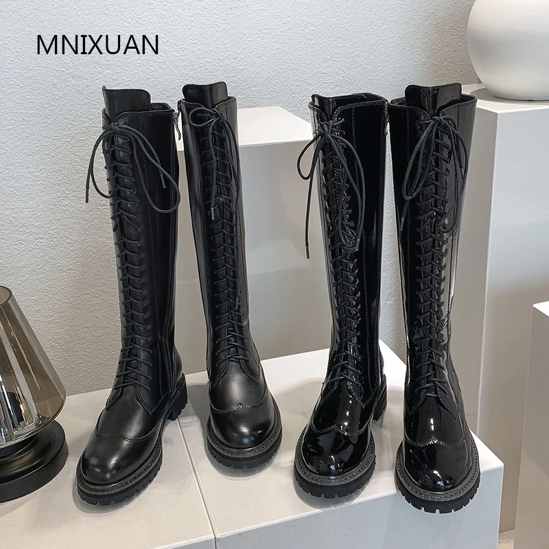 

MNIXUAN Handmade high quality winter women shoes knee high boots 2019 new real leather lace up zipper medium heel Military boots