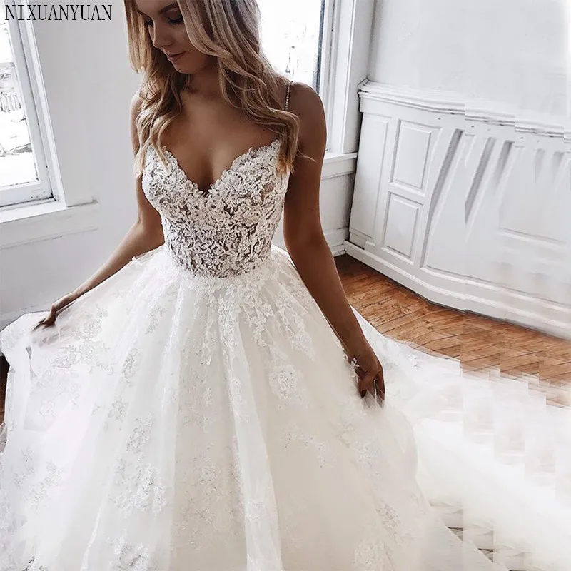 Оптовая Продажа Элегантные Свадебные платья бретельках Свадебные платья с аппликацией отделанный бисером ярусный юбка спинки Vestidos De Novia 2019