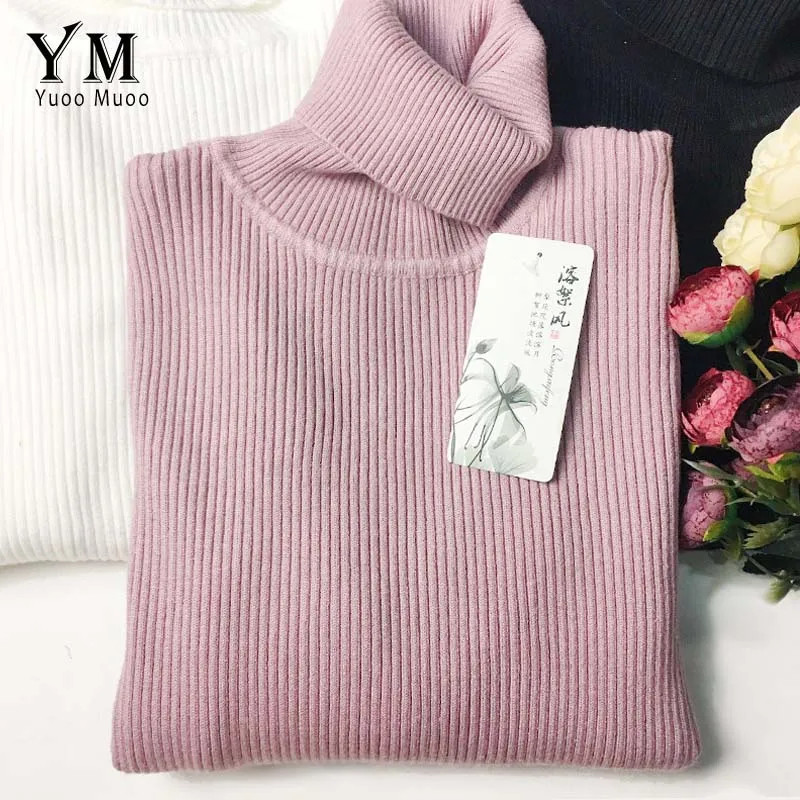 YuooMuoo, хорошее качество, удобный свитер с высоким воротом,, Женский пуловер в Корейском стиле, джемпер, зимний топ, вязаный свитер для женщин - Цвет: Розовый
