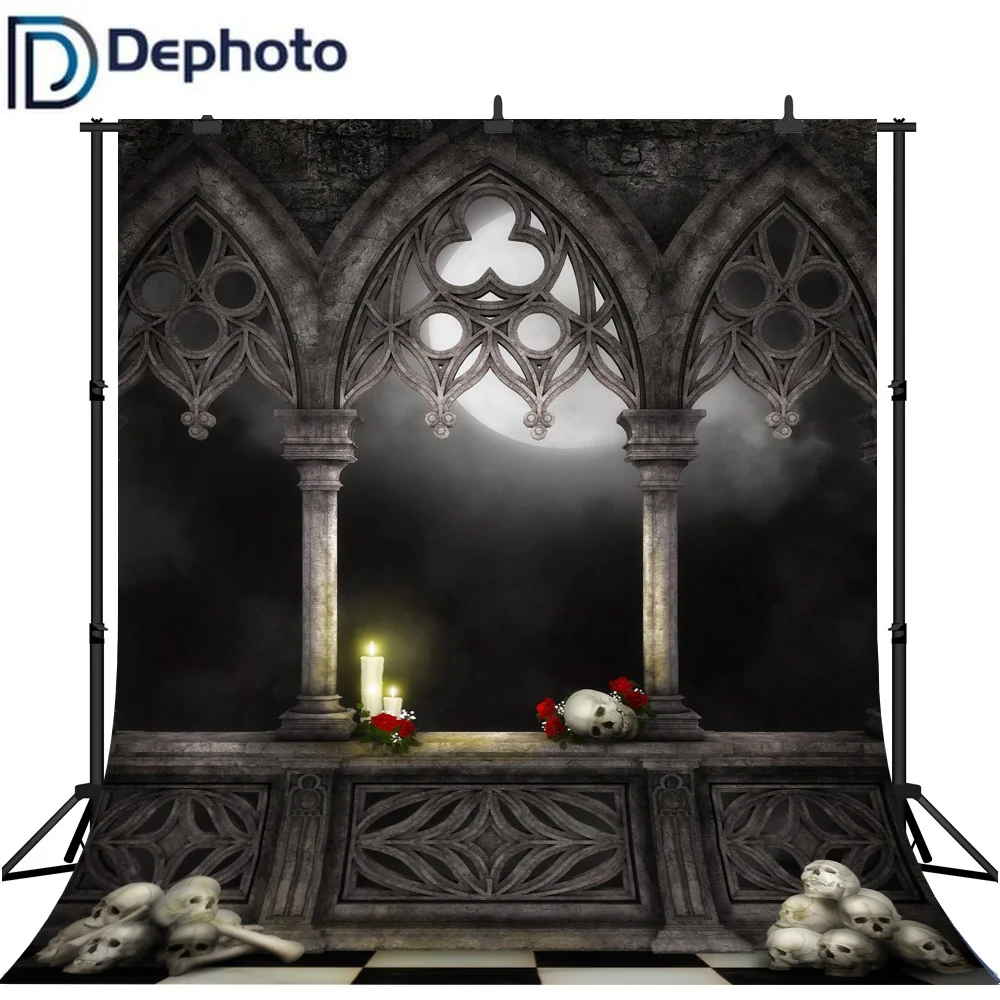 DePhoto Хэллоуин фон древний замок черепа свечи цветы странные фотографии фоны