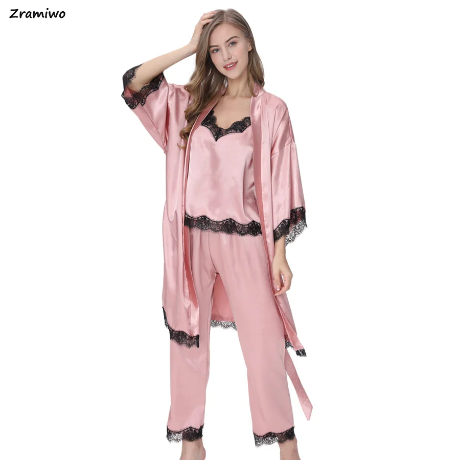 

Satin Pyjamas Long Sleeve Bathrobe Camisole and Pant Comfortable Lounge Wear Robe & Pijamas Sets 3 Piece Sleepwear