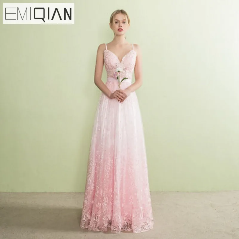 

Designer A Line Backless Spaghetti Strap Formal Prom Party Dress Pink Lace Evening Dresses Vestido de festa
