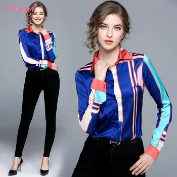 

2018 New Fashion Runway Sexy printed Shirt Women's Long sleeve Casual blouse Blouse Fashion Designer Runway Tops AMBMCM