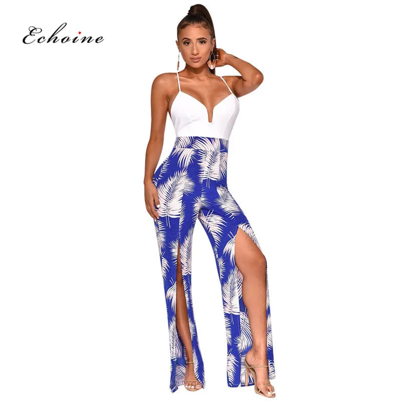 

Echoine Women Jumpsuit Patchwork Floral Print Sexy Spaghetti Straps Sleeveless Backless Loose Long Wide Leg Pants Split Rompers
