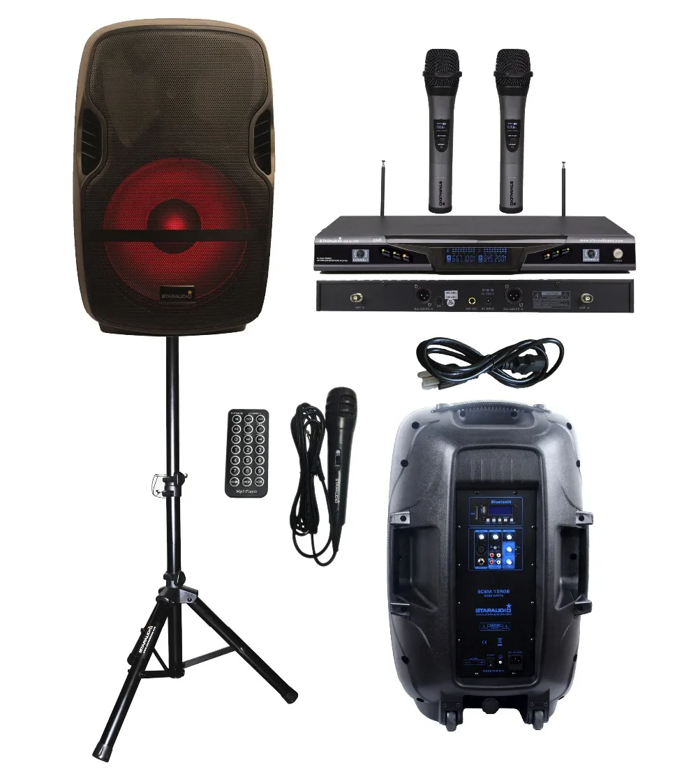 

STARAUDIO SCSM-15RGB Portable 15 inch 2000W PA DJ KTV Stage Karaoke Powered Active BT Speaker W/LED Light Stand 2CH Mic System