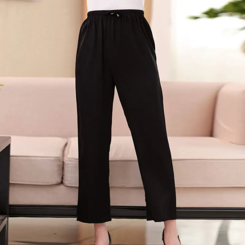 Женские прямые брюки 93% шелк и 7% Спандекс эластичные штаны для отдыха с высокой талией прозрачные дышащие размеры L XL XXL XXXL 4XL - Цвет: Black