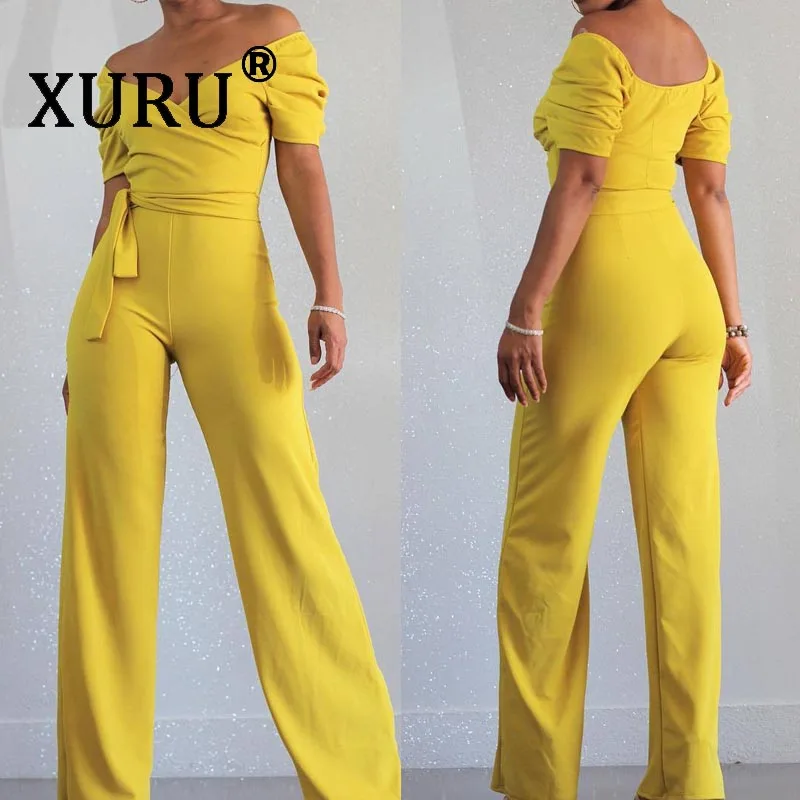

XURU summer new best women's sexy jumpsuit solid color short-sleeved strap wide leg jumpsuit yellow jumpsuit trousers with belt