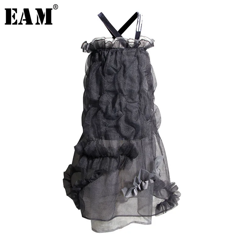 

[EAM] 2019 New Spring Summer Spaghetti Strap Sleeveless Black Mesh Split Joint Ruffles Two Piece Dress Women Fashion Tide JX634