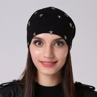 Geebro Women's Beanie Hat Spring Casual Polyester Star Rhinestones Slouchy Beanie for Women Autumn Thin Cotton Female Skullies 2