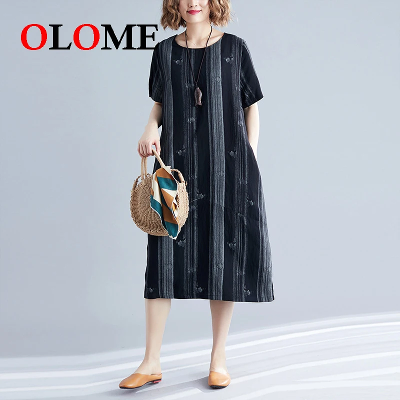 

Women Summer dress new style loose large size literary cotton and linen long and short sleeve Female Skirts Girls Clothing 267