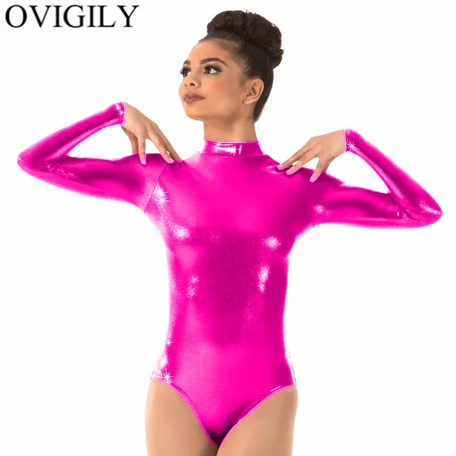 OVIGILY Фиолетовый купальник для взрослых с длинным рукавом для гимнастики для женщин спандекс металлик водолазка танцевальные трико красные балетные боди-костюмы - Цвет: Fuchsia