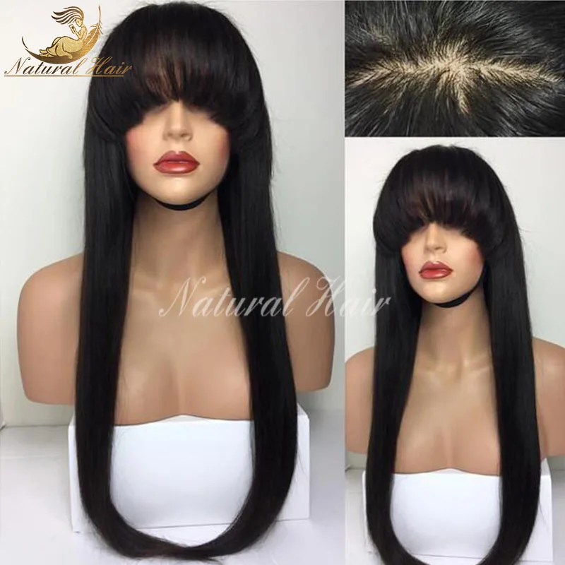 

8a Peruvian Virgin Hair Full Fringe Wig Human Hair Glueless Full Lace Wig With Bangs Bleached Knots Wig For Black Women