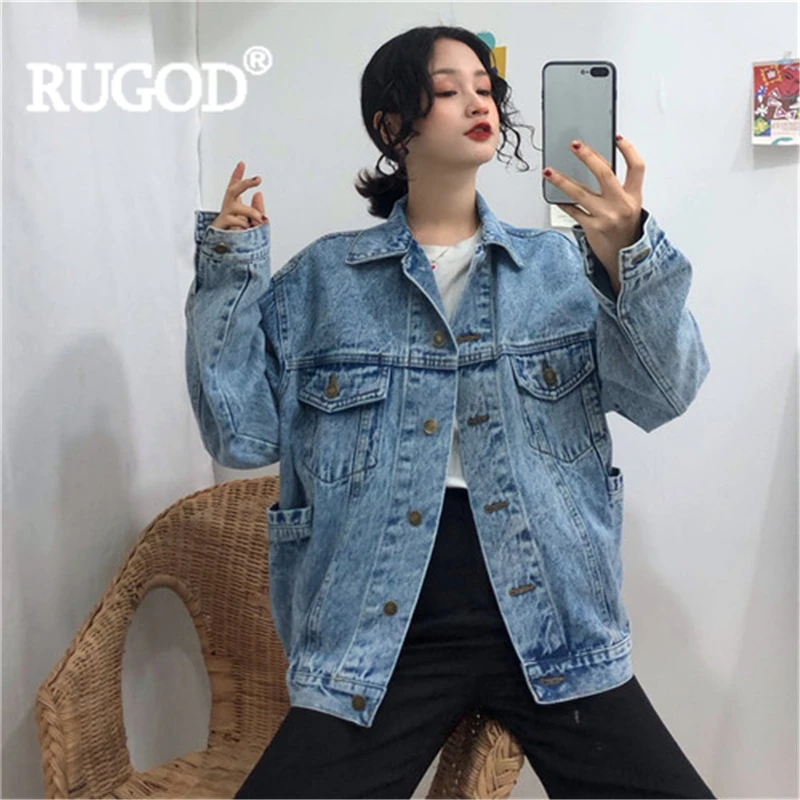 

RUGOD Women vintage blue jeans jackets turn down collar wide-waisted loose solid denim jacket new fashion female casual femme