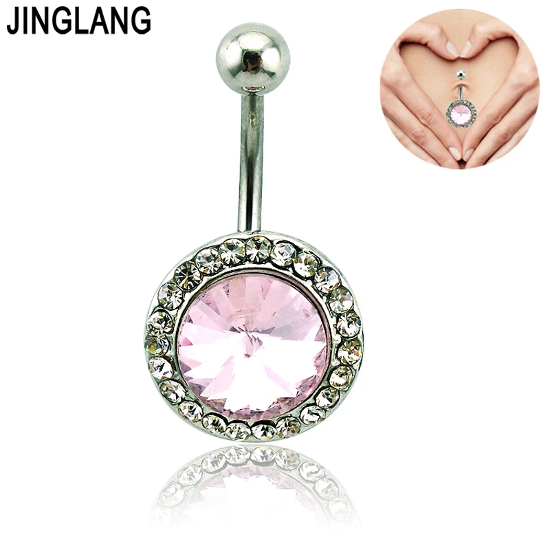 Fashion Navel Rings 316l Surgical Steel Barbell Rhinestone Pink Belly Button Rings Body Piercing 