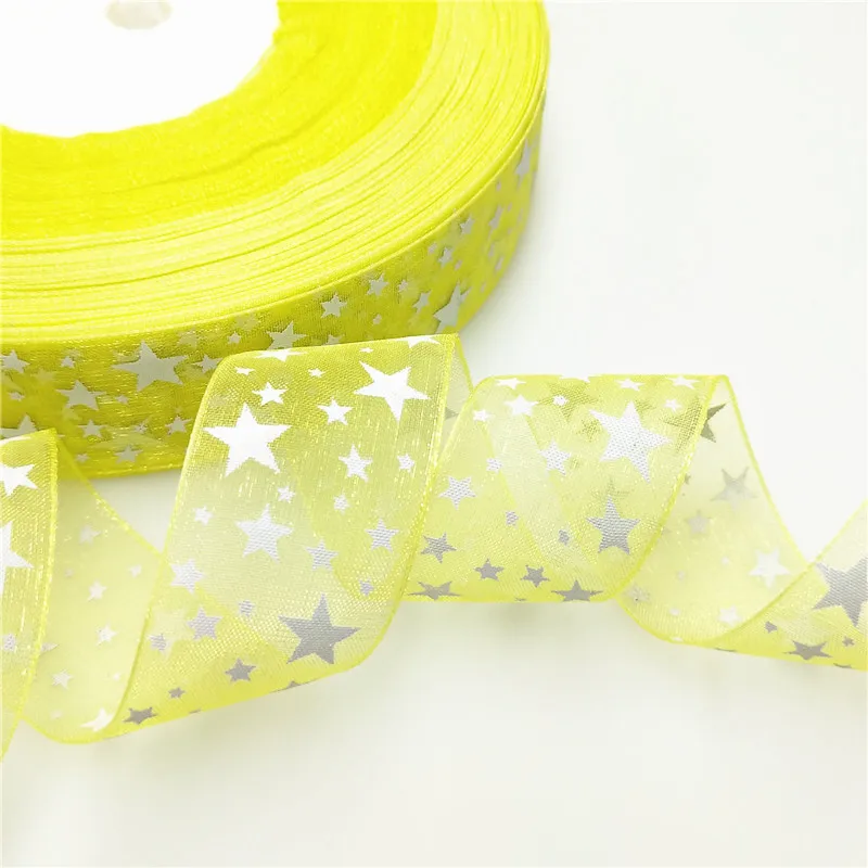 suoja 10Yards/lot 1"(25mm) Printed Star Organza Ribbon Hair Bow Wedding Christmas Decoration DIY Sewing - Цвет: LYEL