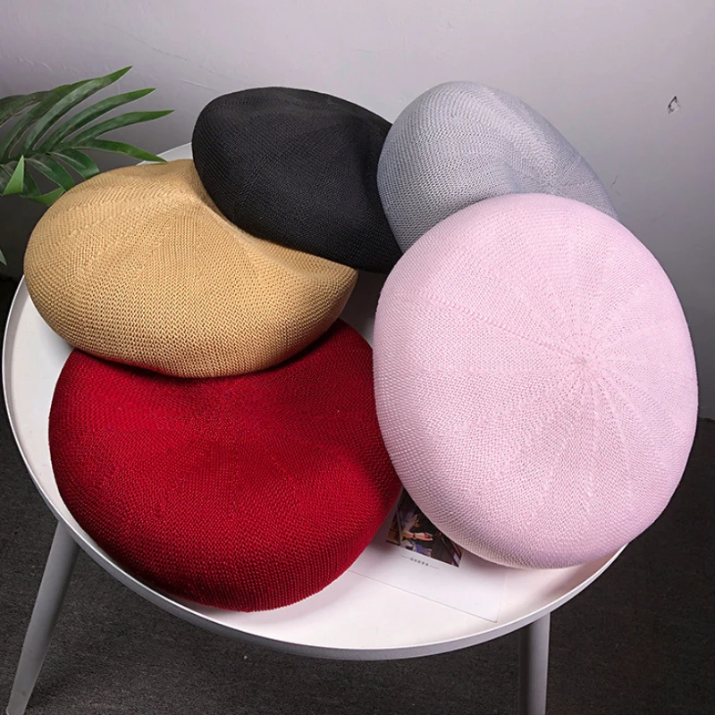 

HT2305 Spring Summer Hats for Women Solid Plain Beret Hat Ladies Breathable Straw Summer Beret Artist Painter Cap Vintage Berets