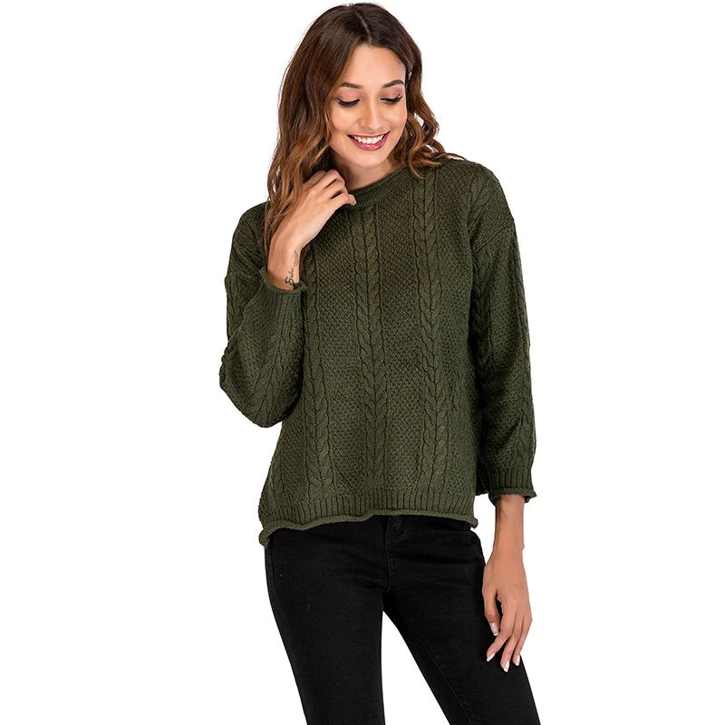 Casual Women Loose Sweater Cable Knit O neck Long Sleeve Solid Color