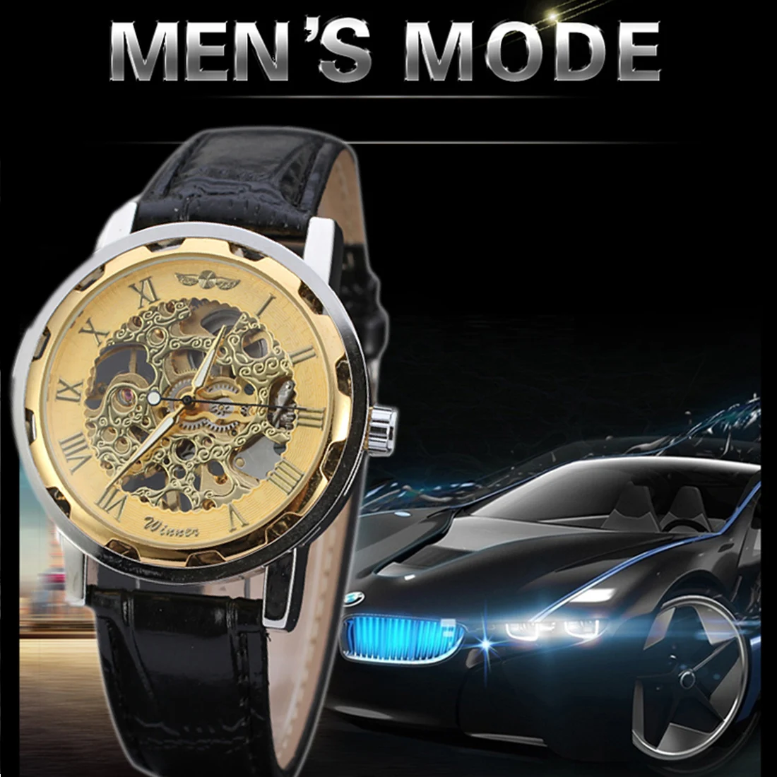 

2016 Luxury pu leather Band automatic Mechanical Skeleton Watch For Men Fashion Gear Wrist Watch Reloj Army Hombre Horloge