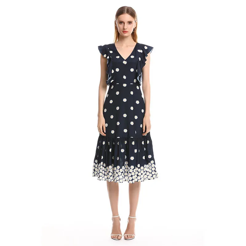 

Женские модельные платья без рукавов, элегантные платья с V-образным вырезом и принтом, лето DX90609M