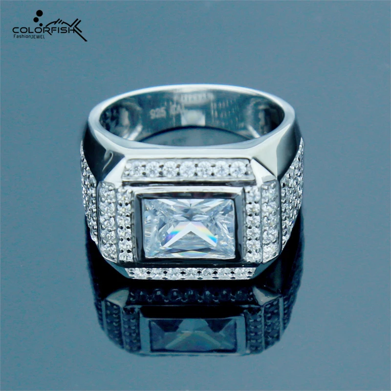 

COLORFISH Channel and Bezel Set Baguette Cut 3 Carat Halo Engagement Men Ring Gorgeous Jewelry 925 Sterling Silver Male Ring