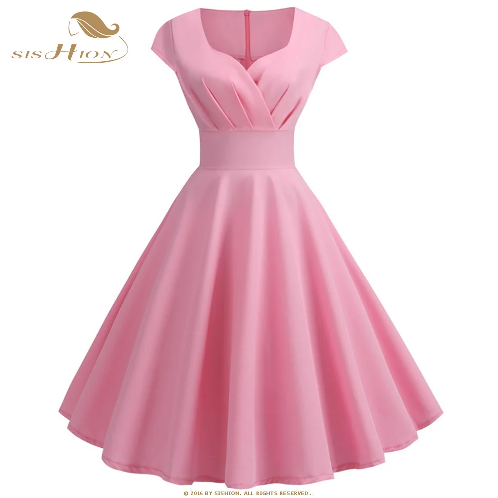 SISHION летнее Ретро женское платье с v-образным вырезом SP0108 Повседневные платья ярких цветов женские винтажные платья для вечеринок - Цвет: Pink