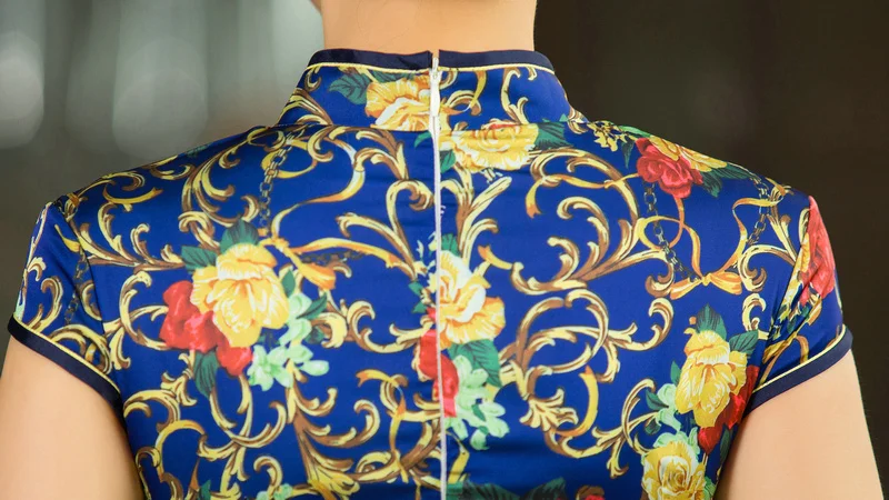 Брендовые новые синие китайские Женские Длинные атласные Cheongsam летние горячие продажи Qipao Цветочные Повседневные платья Размер S M L XL XXL 020809